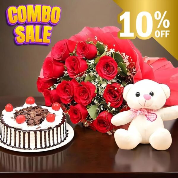 9 inches Blackforest cake with flowers bouquet and teddy