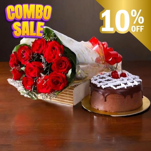 7 inches Chocolate cake with red flowers bouquet