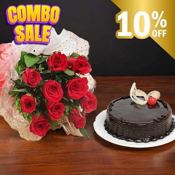 Choco Ganache cake with red rose bouquet