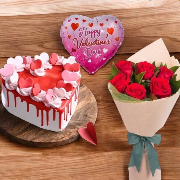 7 inches heart cake + 5 pcs flowers + 1 foil balloon