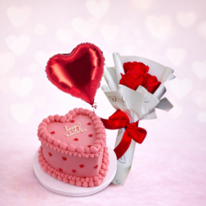 Heart shape cake + 3 pcs flowers + 1 heart balloon