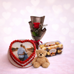 Heart shape cake with photo + 1 rose + 1 mini teddy + small chocolate box