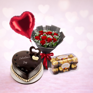 Heart shape Valentine's cake+ 6 pcs flowers bouquet +1 heart shape balloon +1 mini chocolate box combo
