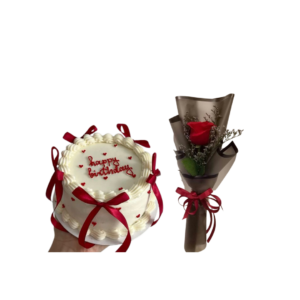 Mini Ribbon cake and 1 red rose combo